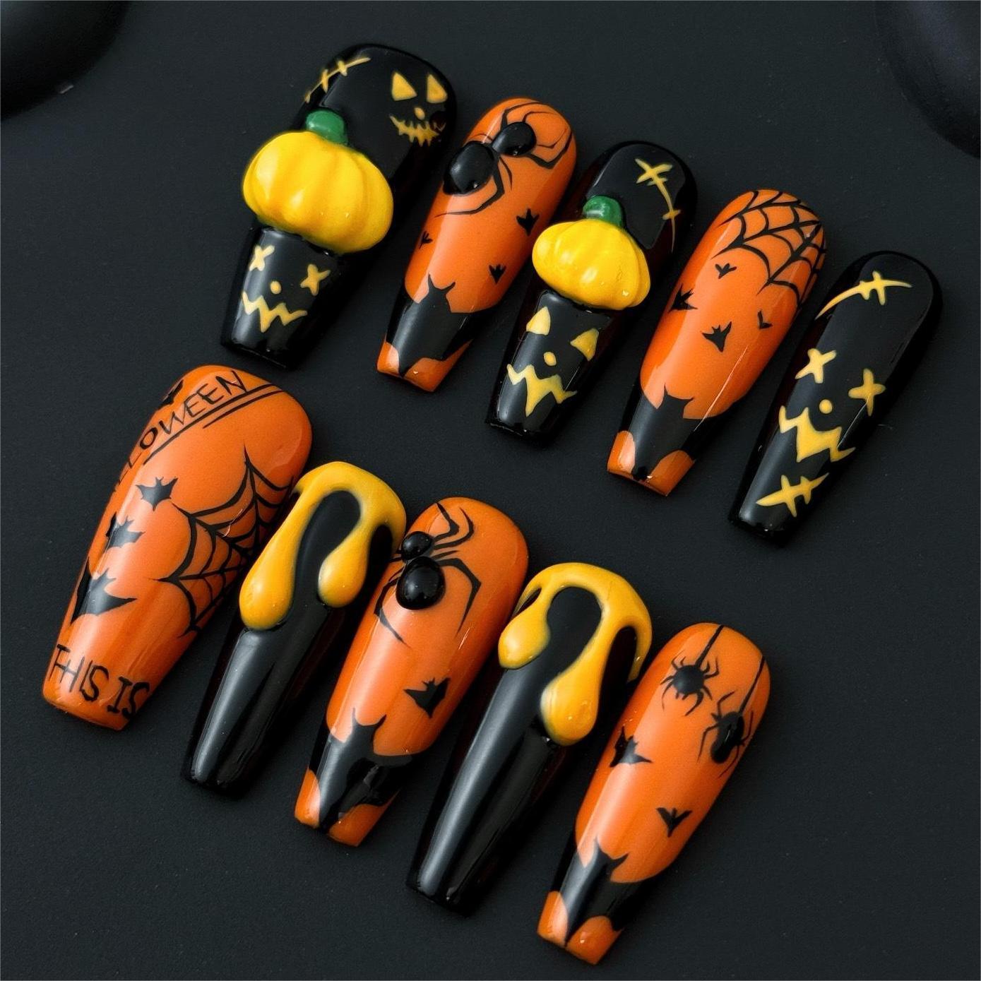 Siva Nail, Haunted Pumpkin, Spooky Glam, Handmade Press on Nails