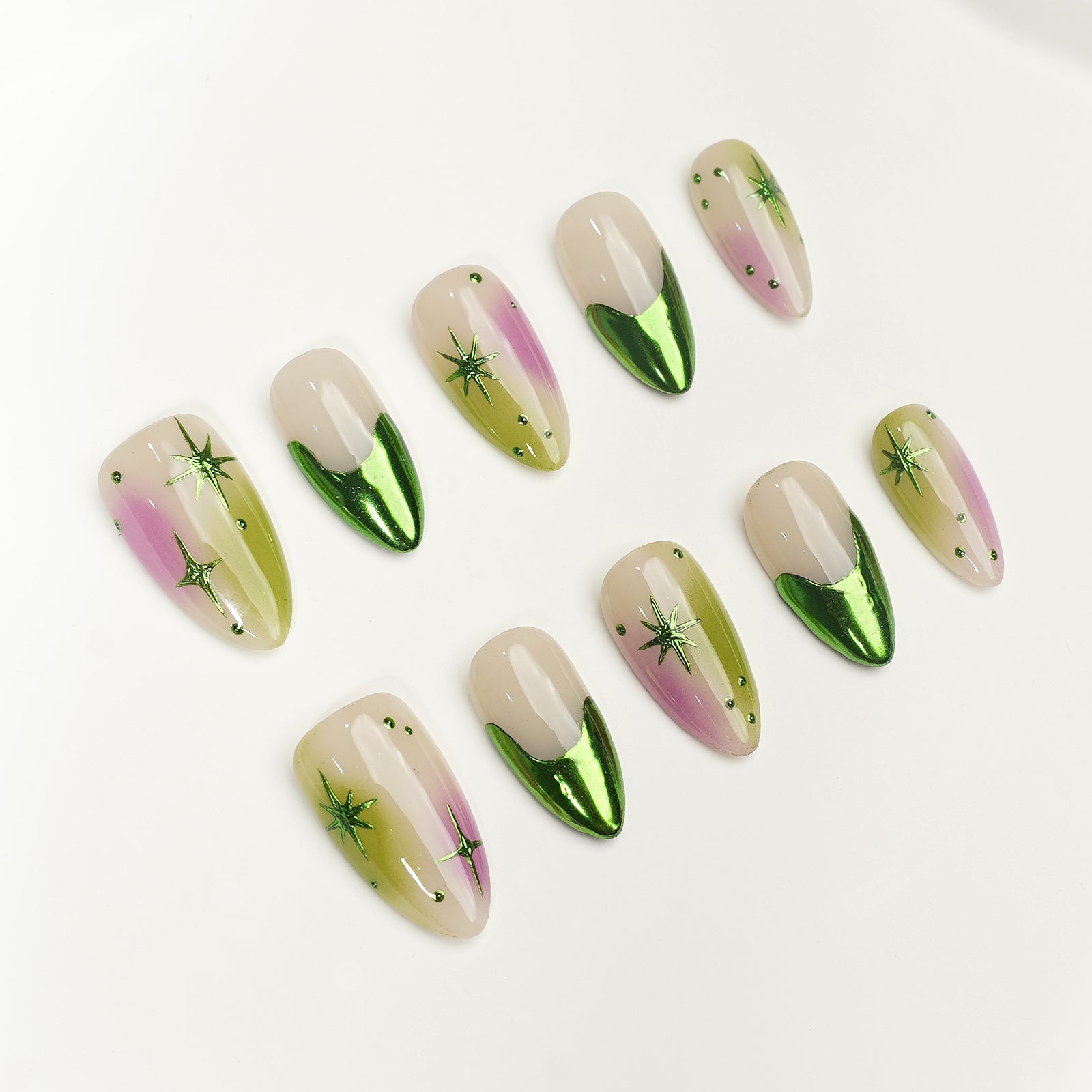 Siva Nail, Verdant Whimsy, Ombre Artistic Green and Purple, Handmade Press on Nails