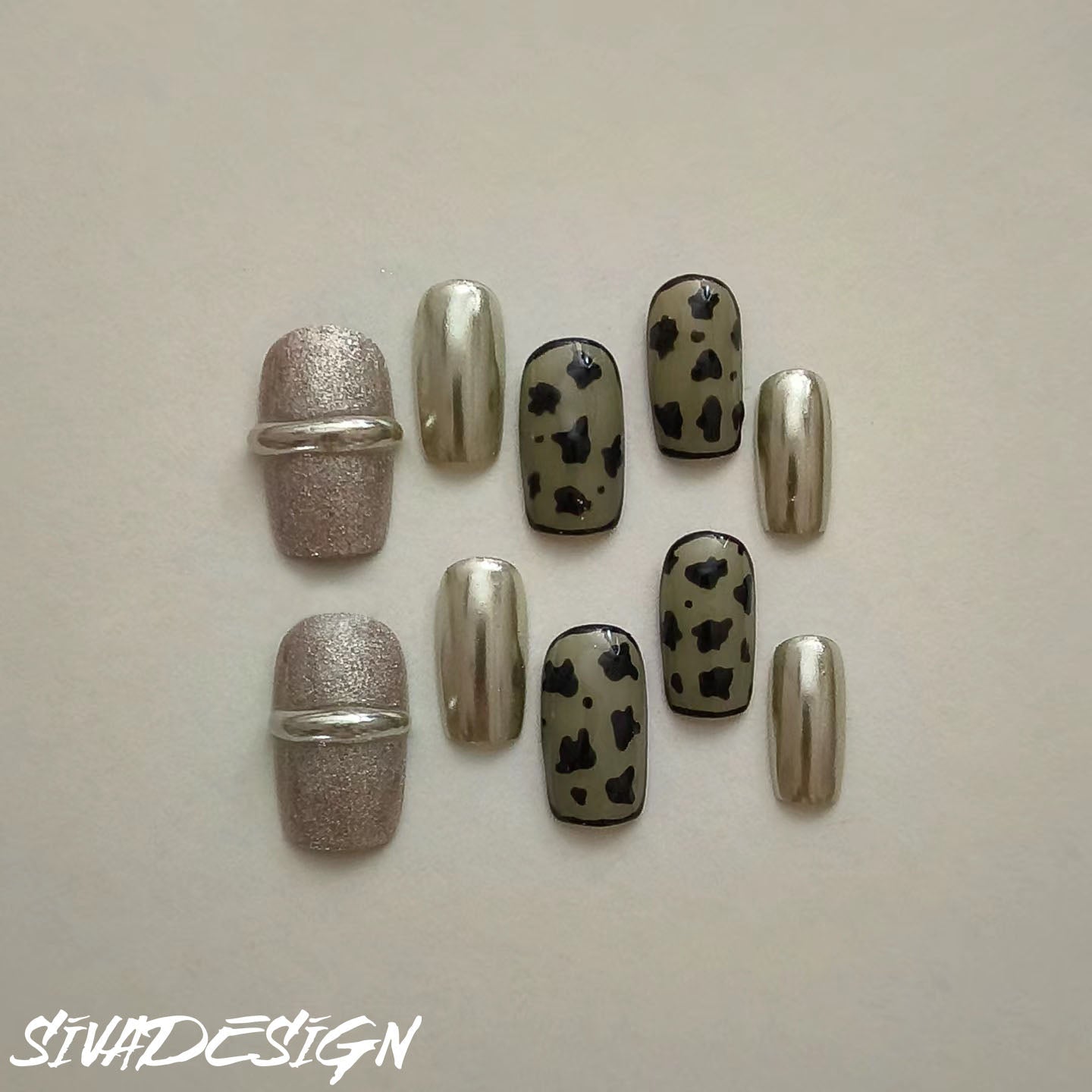 Siva Nail, Wild Elegance, Metallic Leopard Handmade Press on Nails