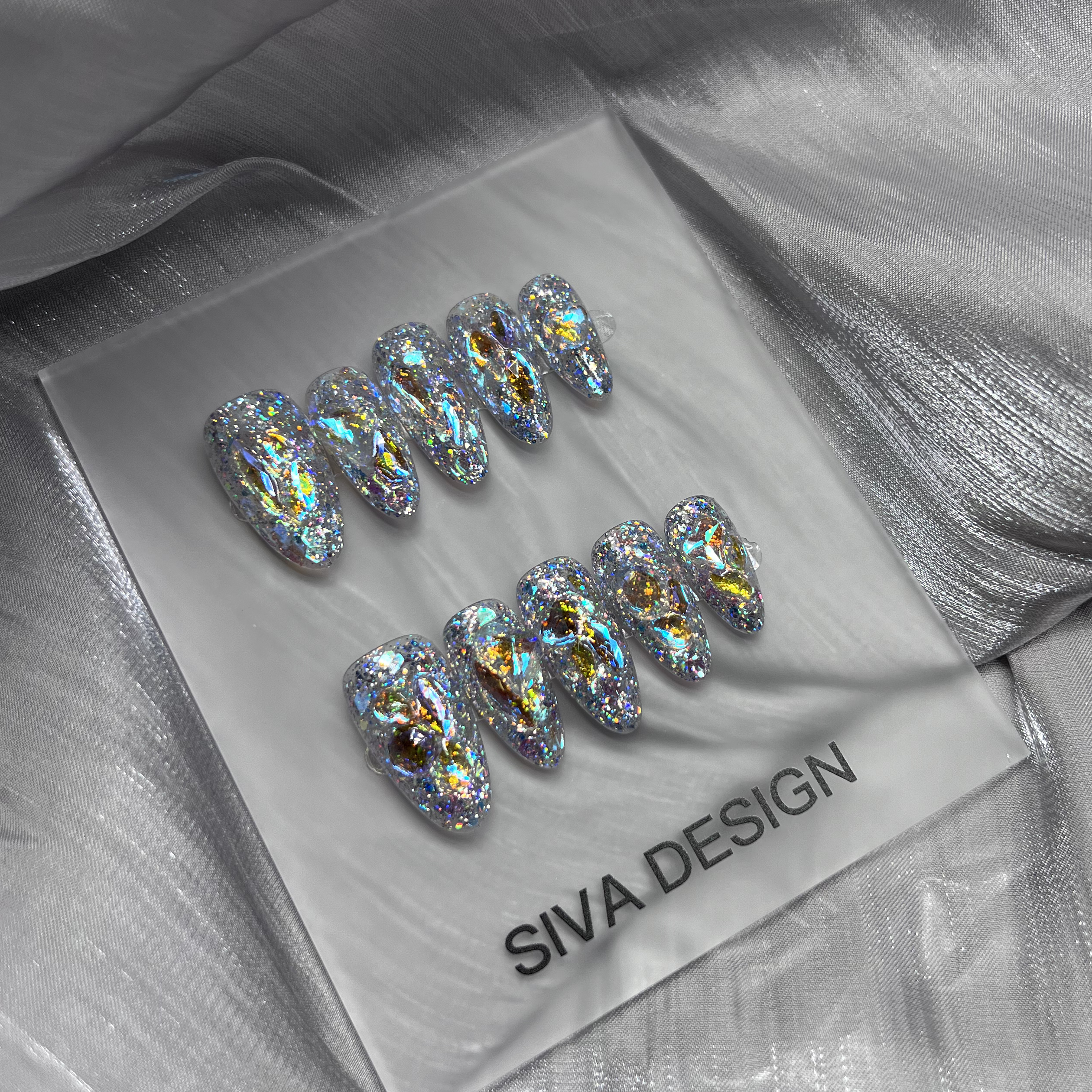 Siva Nail, Stardust Glimmers, Iridescent Sparkle, Handmade Press on Nails