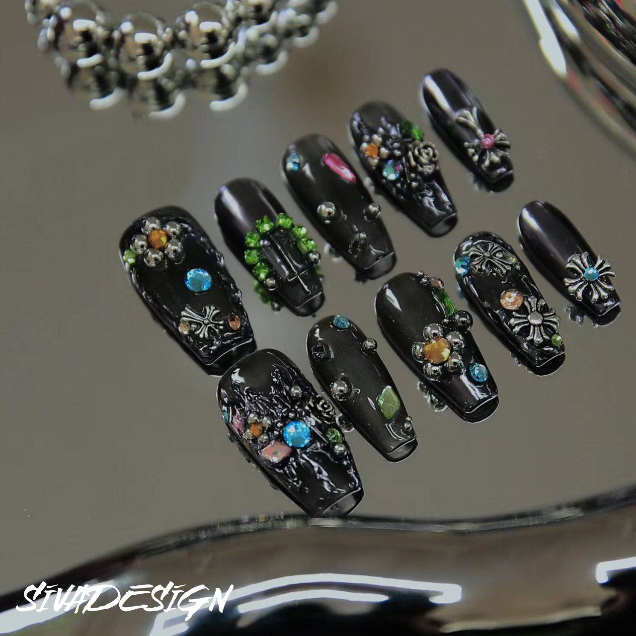 Siva Nail, Onyx Opulence, Gothic Style Handmade Press on Nails