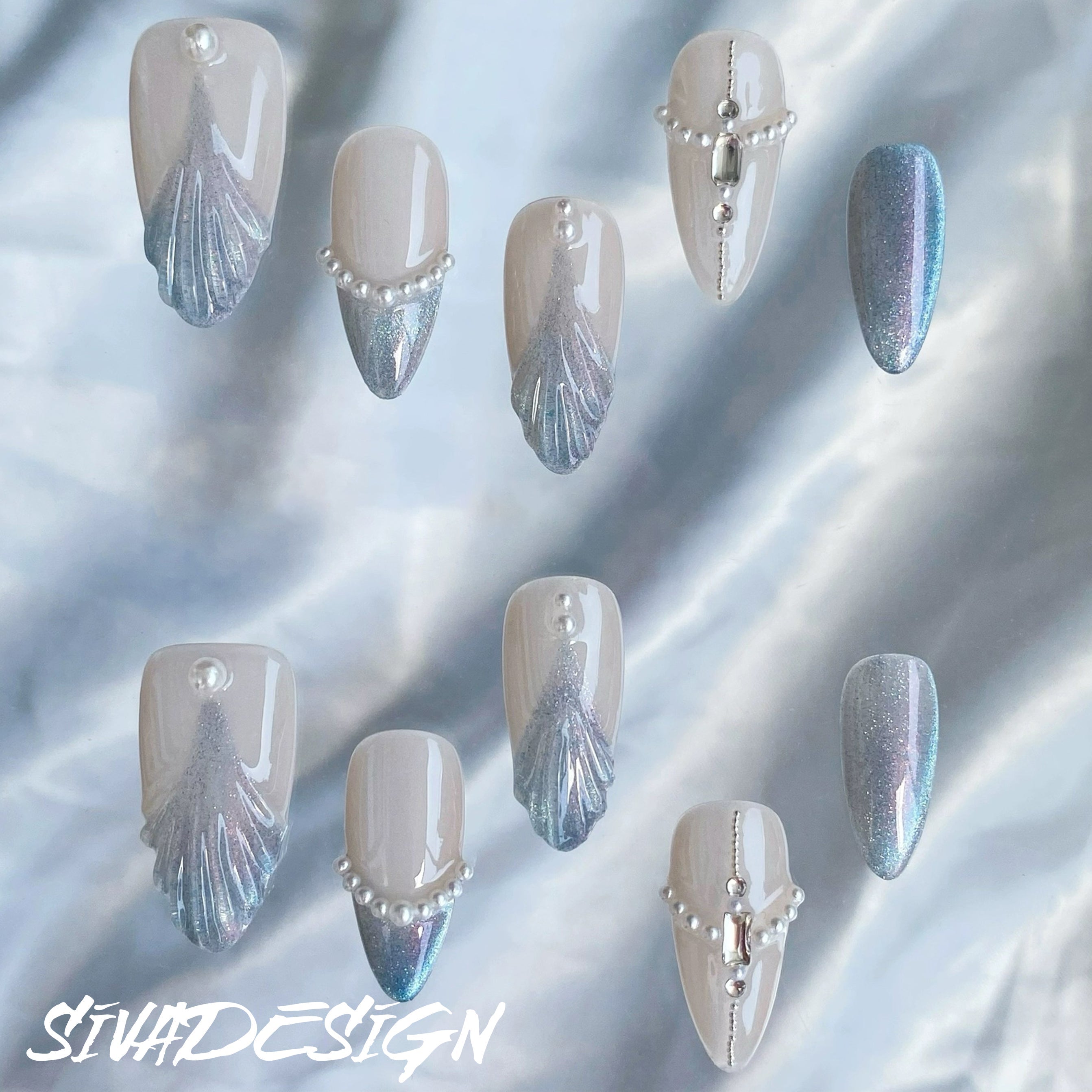 Siva Nail, Silver Shores, Coastal Glamour, Handmade Press on Nails