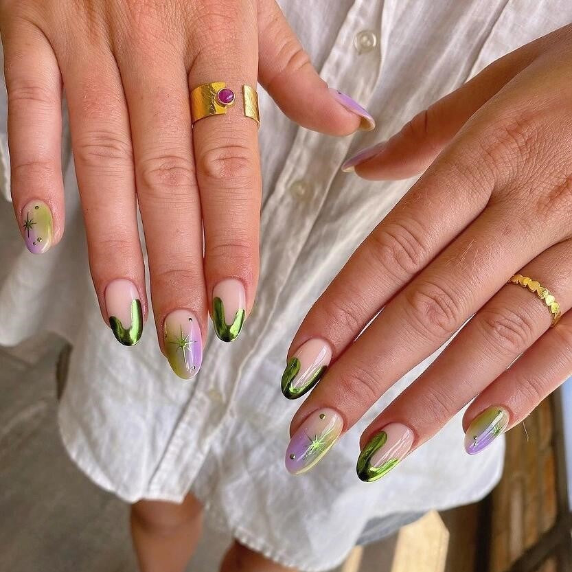 Siva Nail, Verdant Whimsy, Ombre Artistic Green and Purple, Handmade Press on Nails