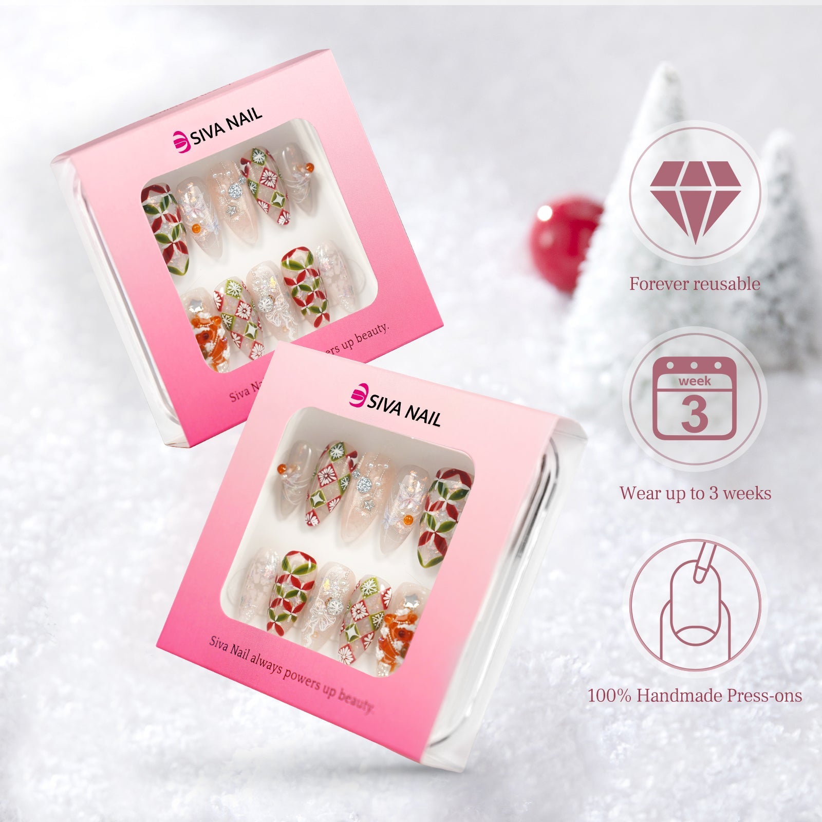 Siva Nail, Snowy Elegance, Holiday Glow, Handmade Press on Nail