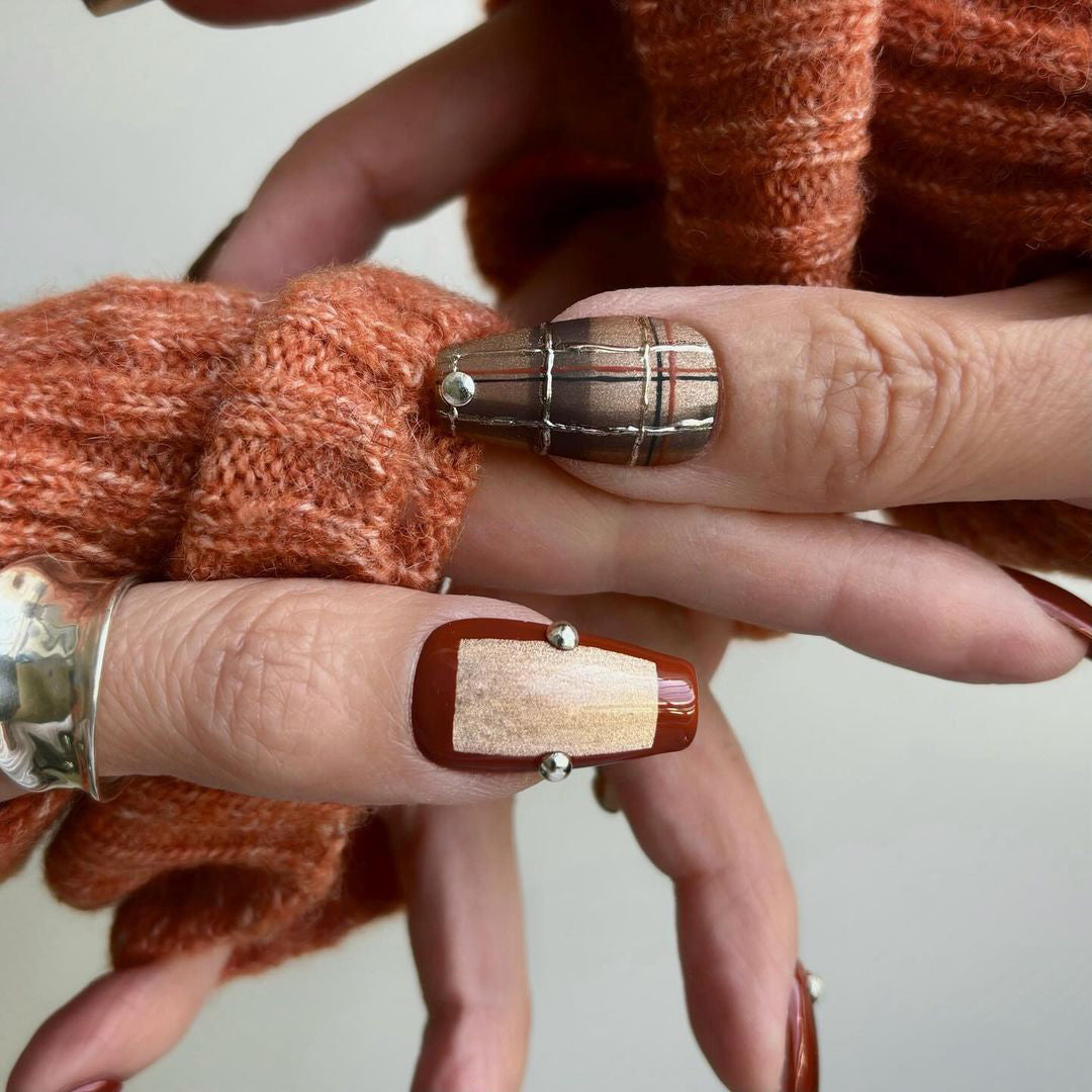 Siva Nail, Mocha Chic, Cozy Plaid, Handmade Press on Nails