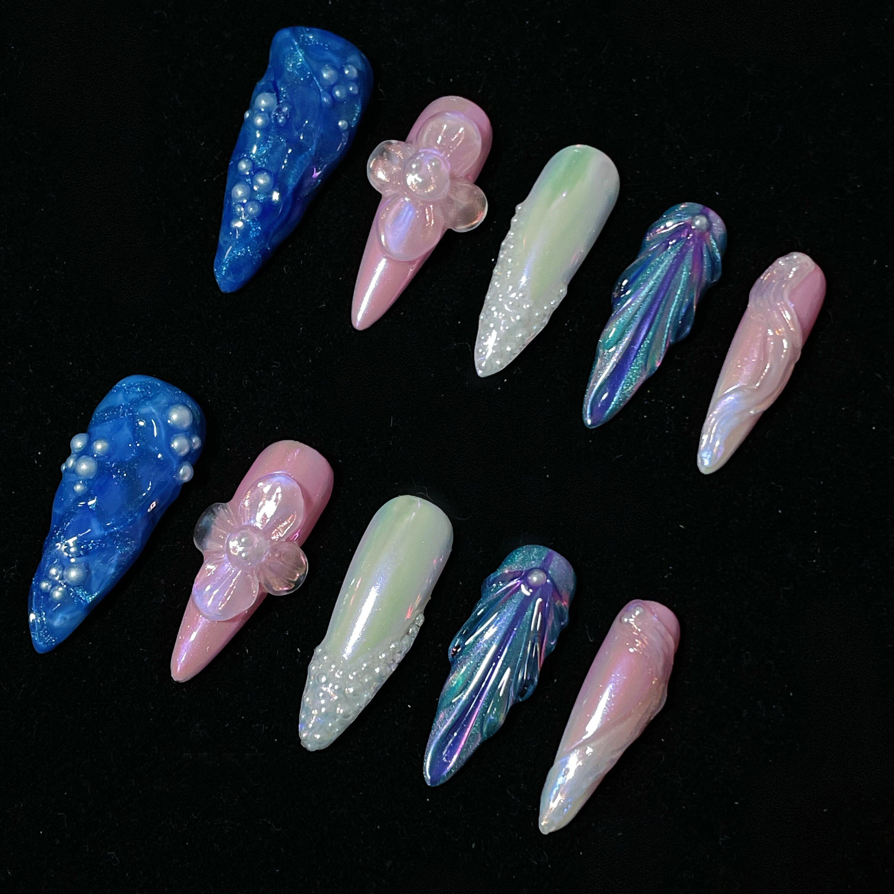 Siva Nail, Ocean Rose, Floral Pearl Fantasy, Handmade Press on Nails