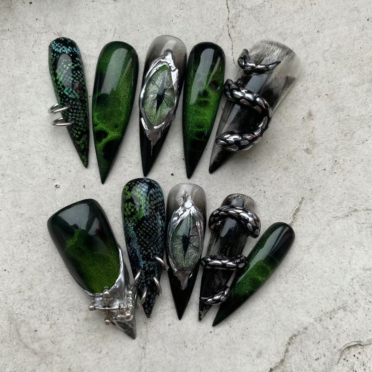 Siva Nail, Mythic Metal, Stiletto Handmade Press on Nails