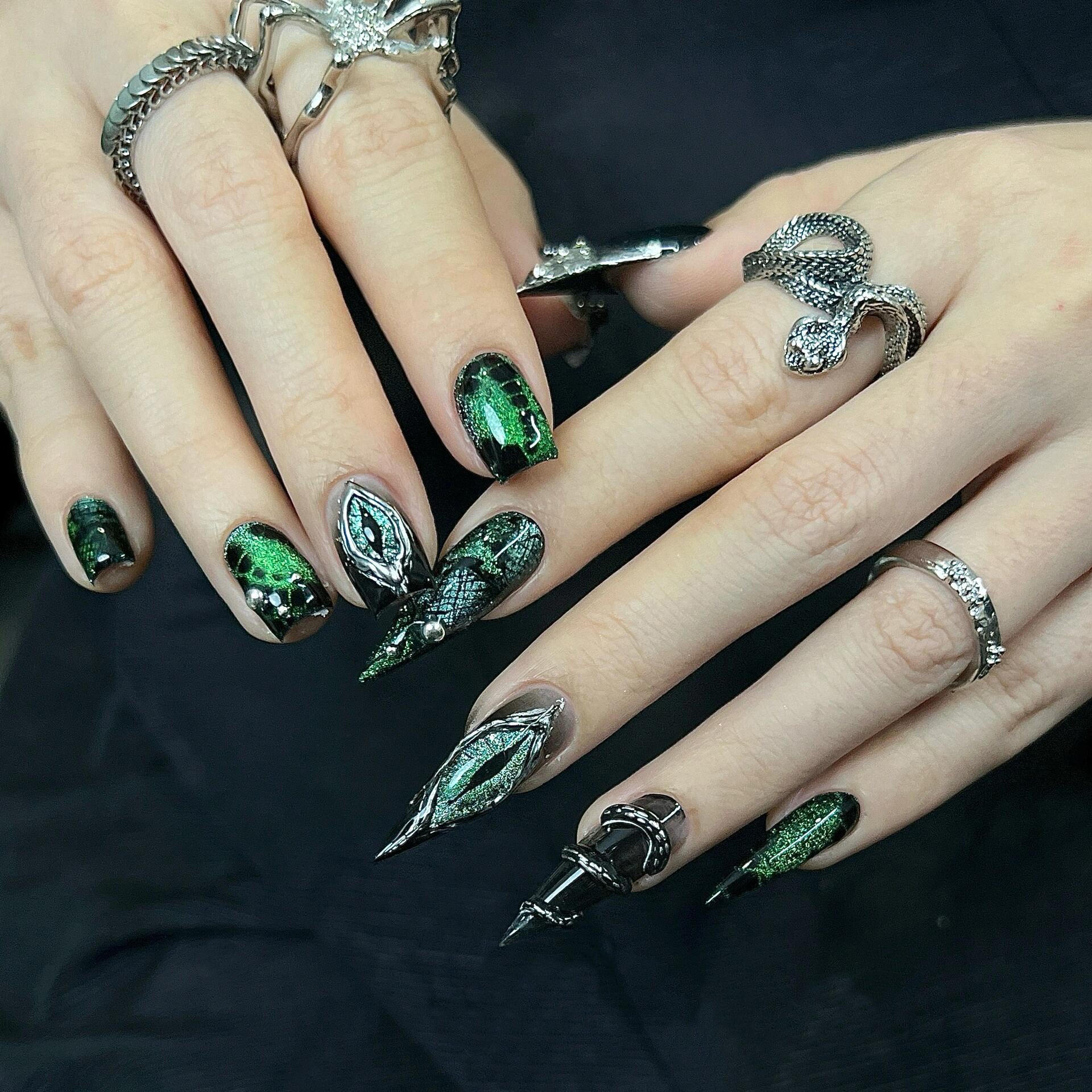 Siva Nail, Mythic Metal, Stiletto Handmade Press on Nails