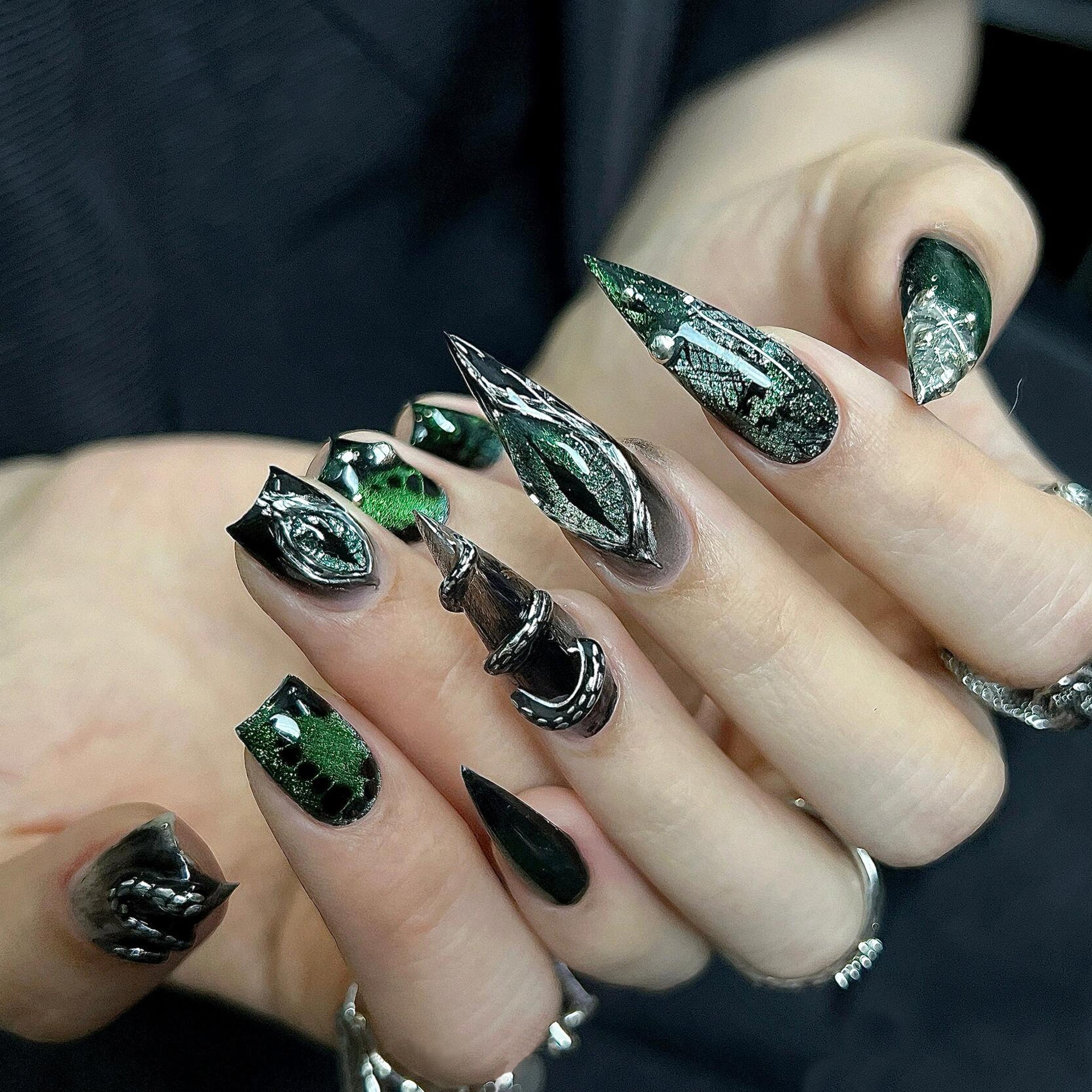 Siva Nail, Mythic Metal, Stiletto Handmade Press on Nails