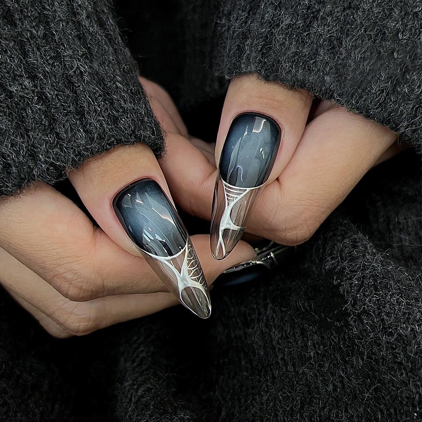 Siva Nail, Midnight Silver, Futuristic Style Handmade Press on Nails