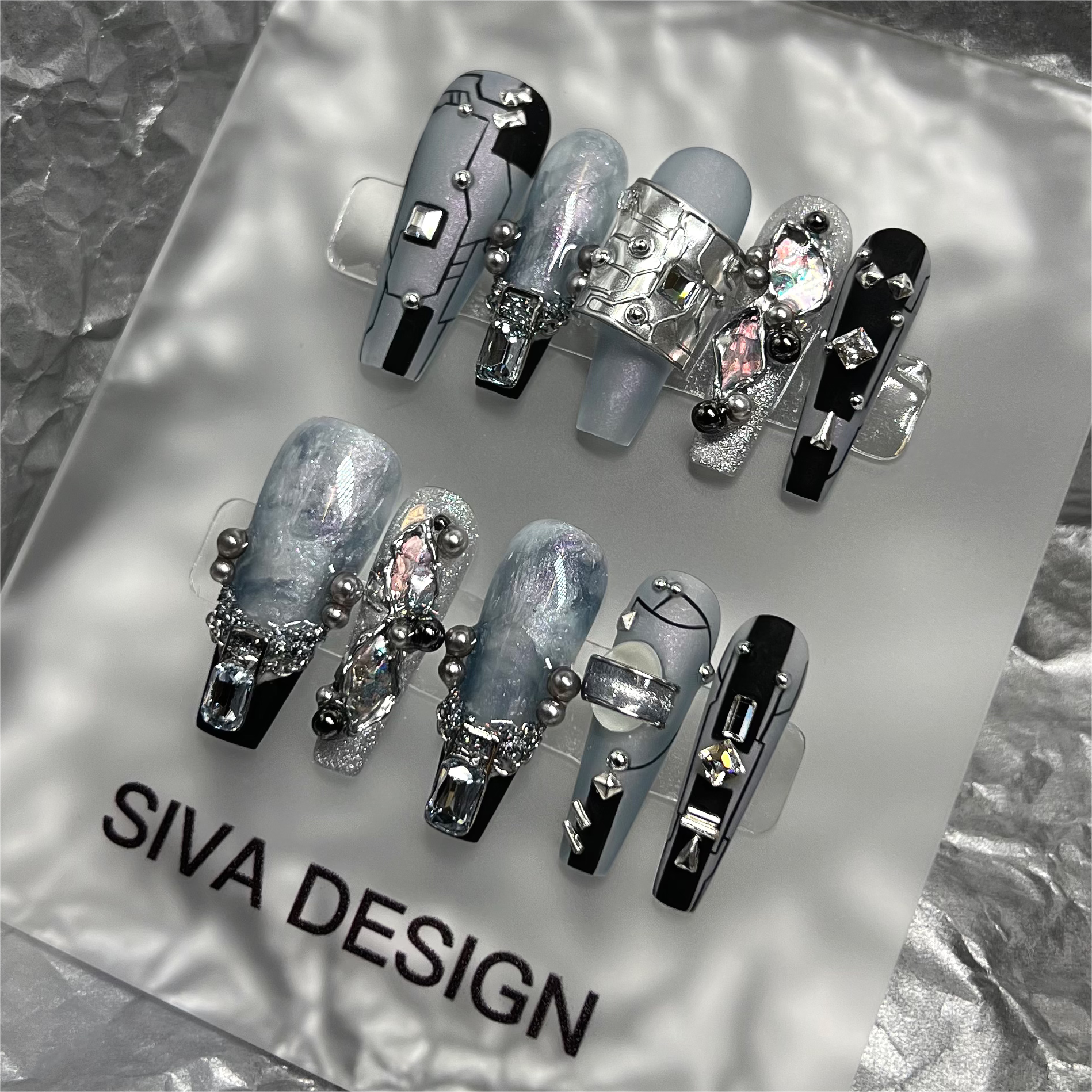 Siva Nail, Galactic Glimmer (Black), Futuristic Style Handmade Press on Nails