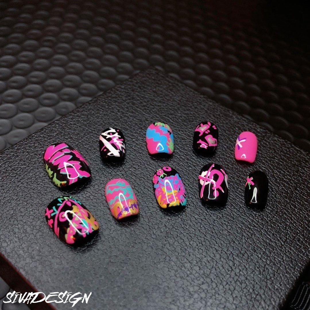 Siva Nail, Neon Groove, Graffiti Style, Handmade Press on Nails