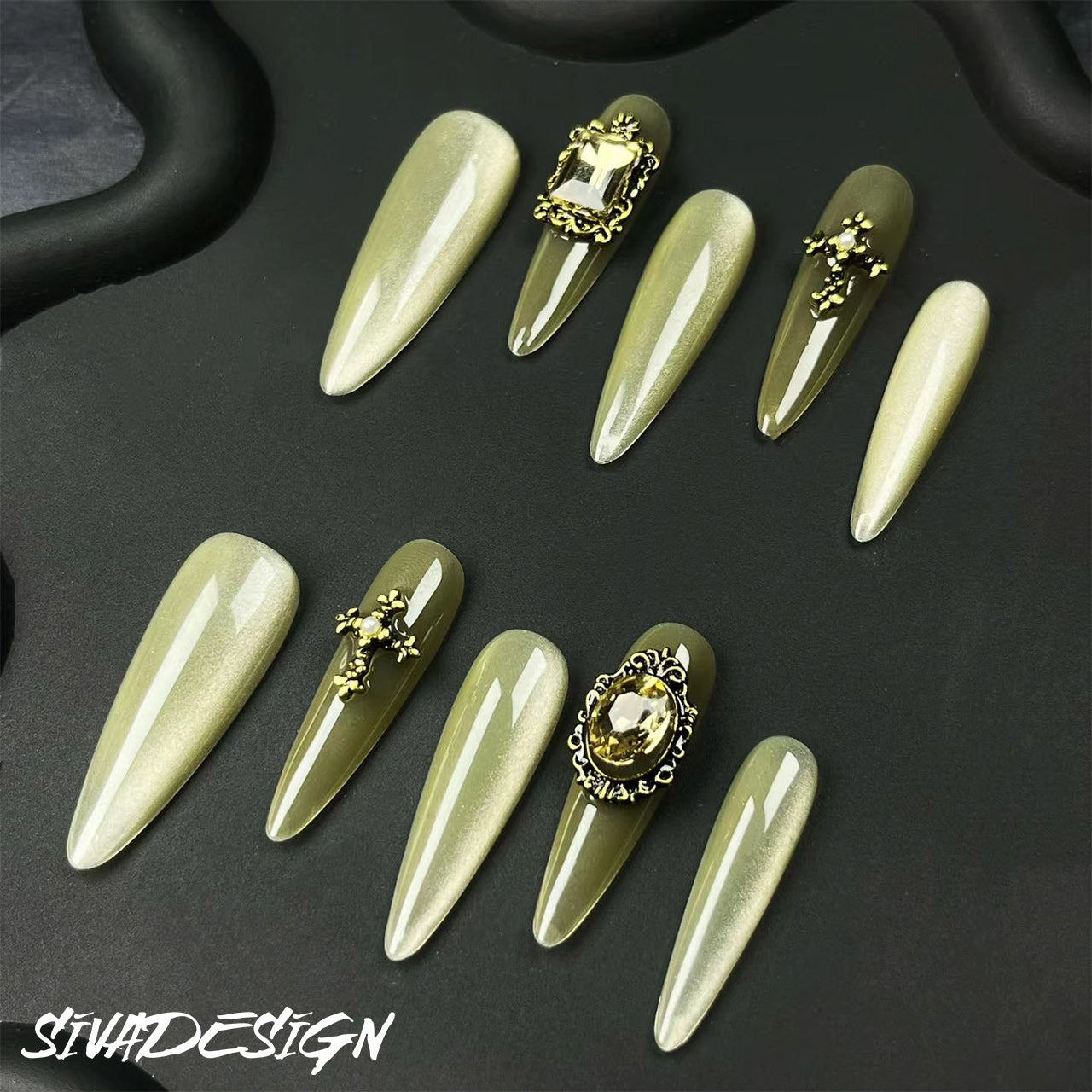 Siva Nail, Olive Opulence, Glamour Style Handmade Press on Nails