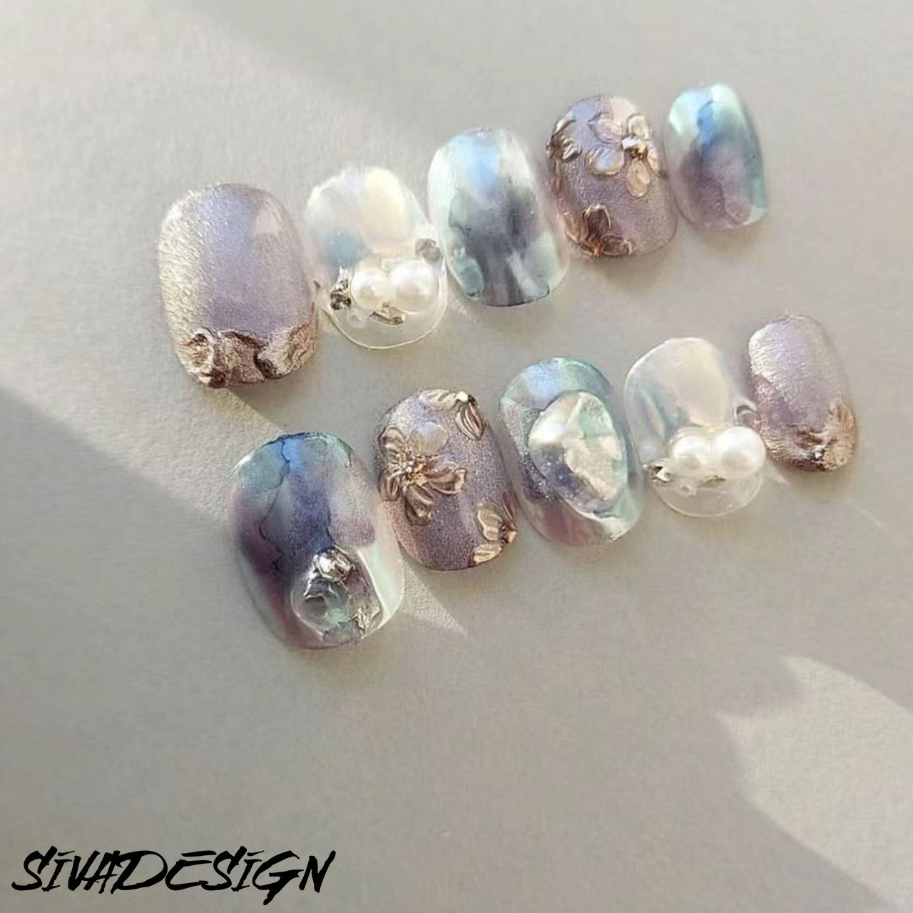 Siva Nail, Pearl Petals, Ethereal Bloom, Handmade Press on Nails