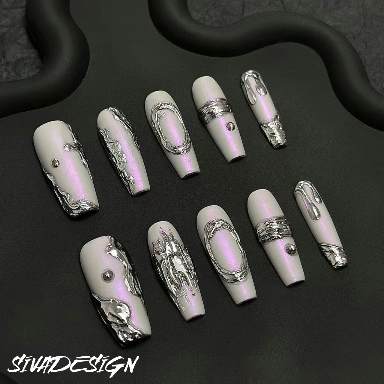 Siva Nail, Smoky Illusions, Ethereal Metal, Handmade Press on Nails