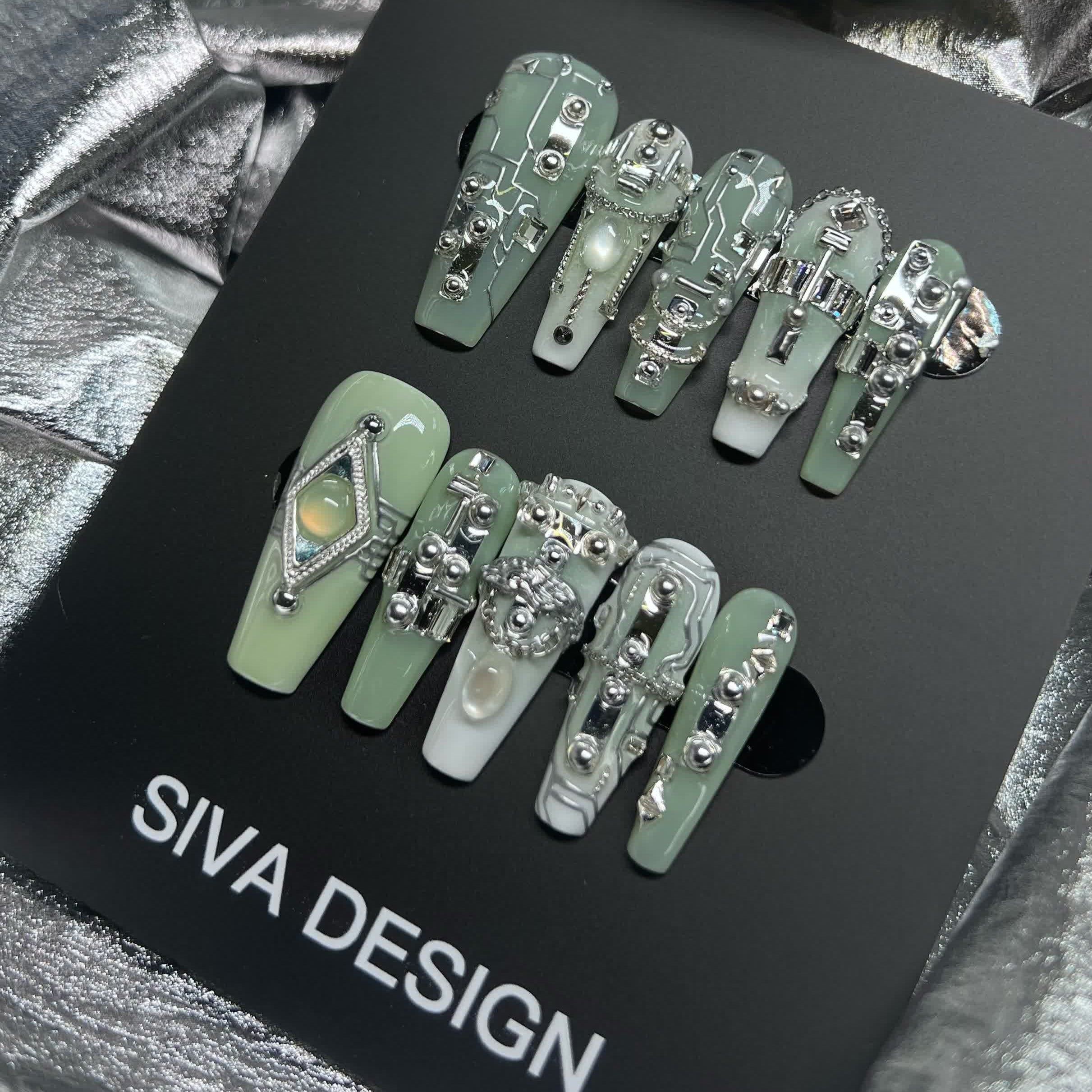 Siva Nail, Sage Nails (Green), Futuristic Glam, Handmade Press on Nails