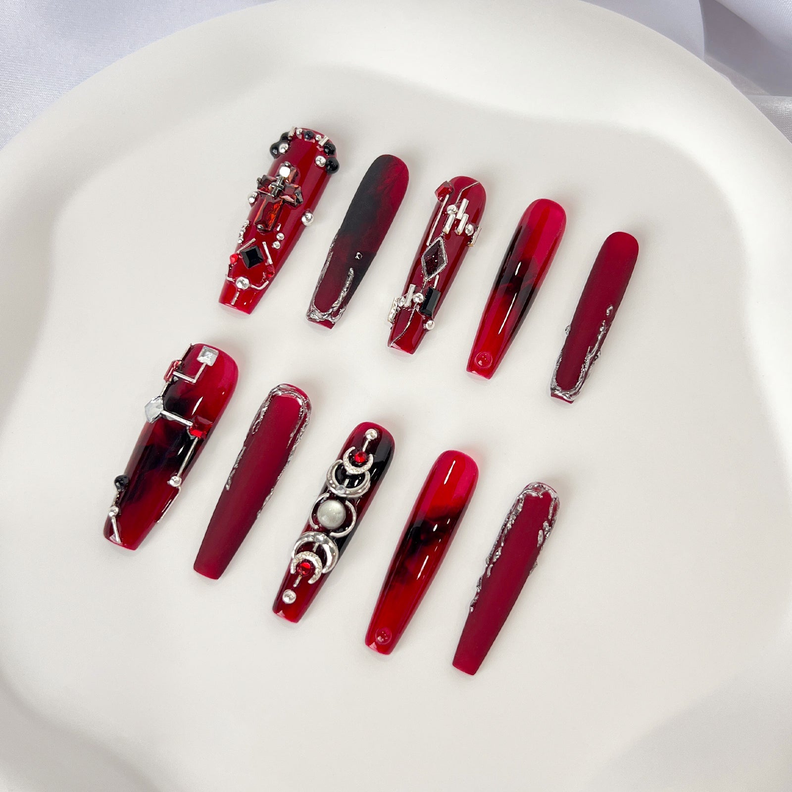 Siva Nail, Red Regalia, Regal Enchantment, Handmade Press on Nails