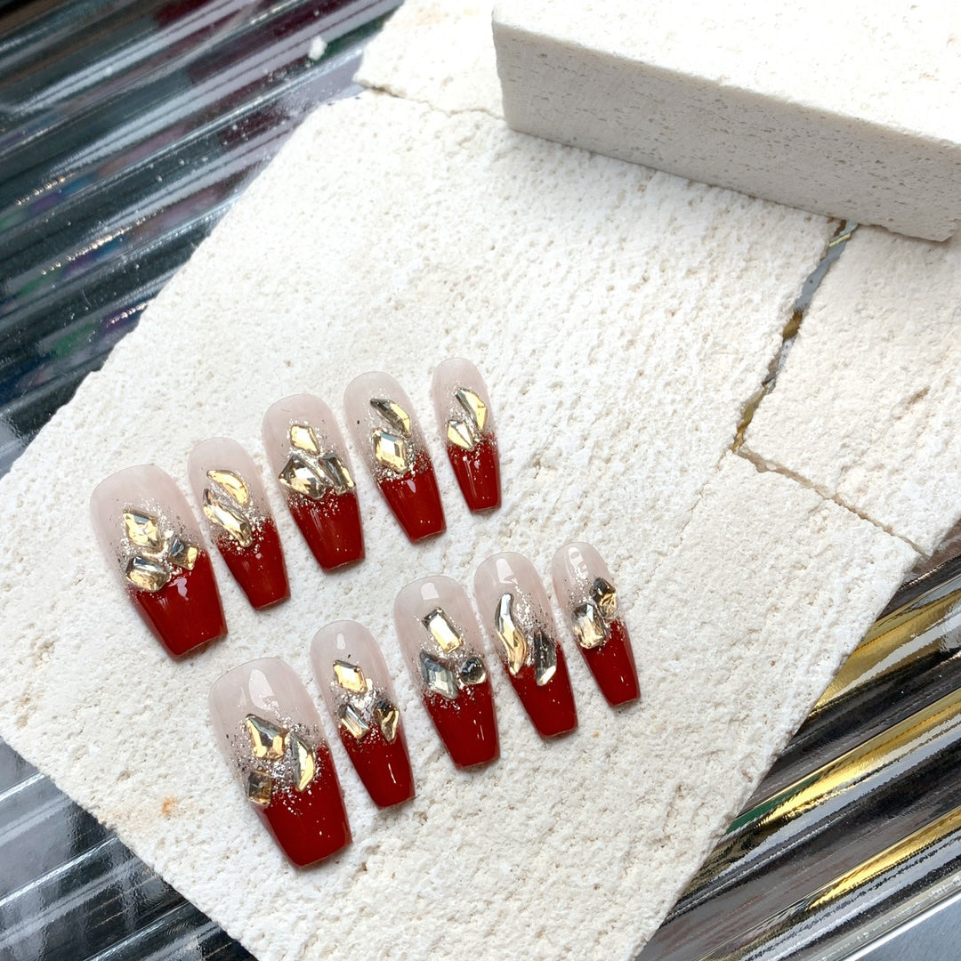 Siva Nail, Onyx Elegance, Red Gold Spark, Handmade Press on Nails