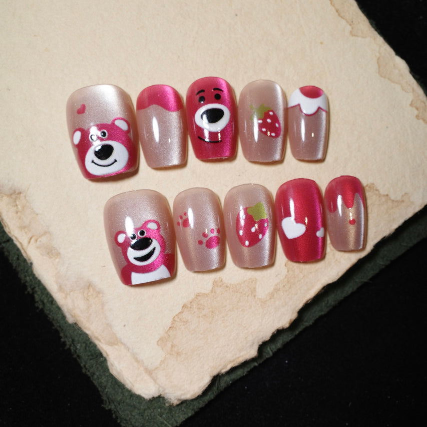 Siva Nail, Pink Bear Jubilee, Cute Celebration, Handmade Press on Nails